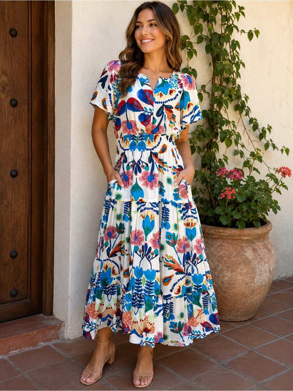 Ott Floral Midi Dress Women’s Medium White Multicolor Tiered Pocket Boho